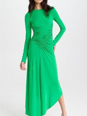 Atelier Delphine Long Sleeve Green Ruched Maxi Dress